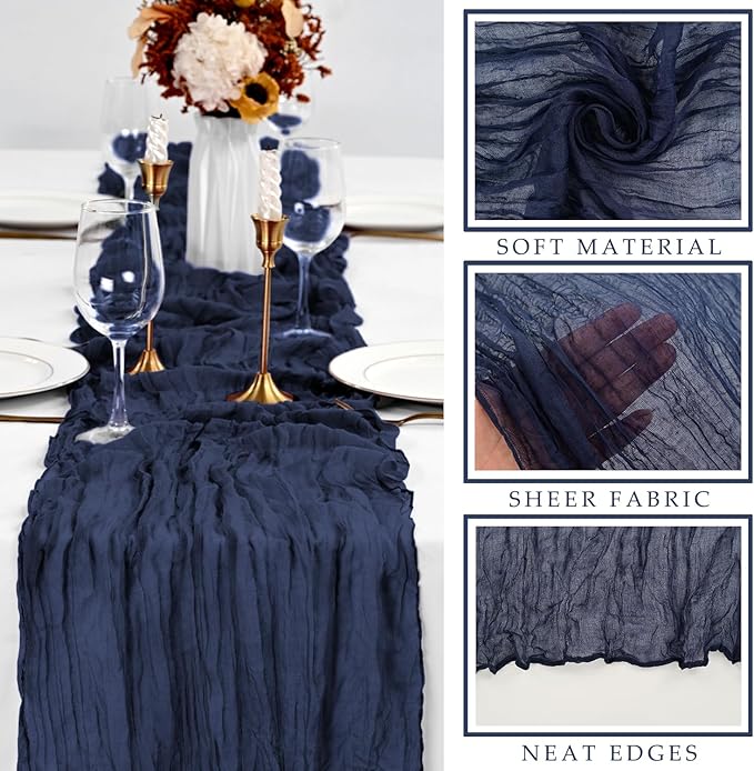 Navy Blue 10FT Cheesecloth Table Runner Gauze Fabric Runner for Tables Boho Table Runner Decoration Rustic Sheer Runner for Wedding Birthday Baby Bridal Shower Party (35 x 120 Inches Long)