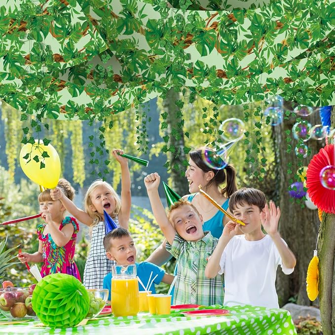 13 Pcs Rainforest Theme Ceiling Decor for 2026 Vbs 12x2 ft Palm Printed Fluorescent Light Cover 10 Artificial Vine Greenery Leaves for Classroom Hawaiian Jungle Luau Wedding Birthday Party Decorations