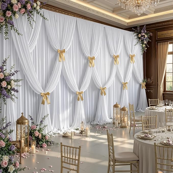 30ftx12ft Wrinkle Free White Backdrop Curtain, 6 Panels 12FT Long Wedding Photo Backdrop Drapes, Silky Polyester Back Drop Cloth for Birthday Photography Background Party Backdrop Draping
