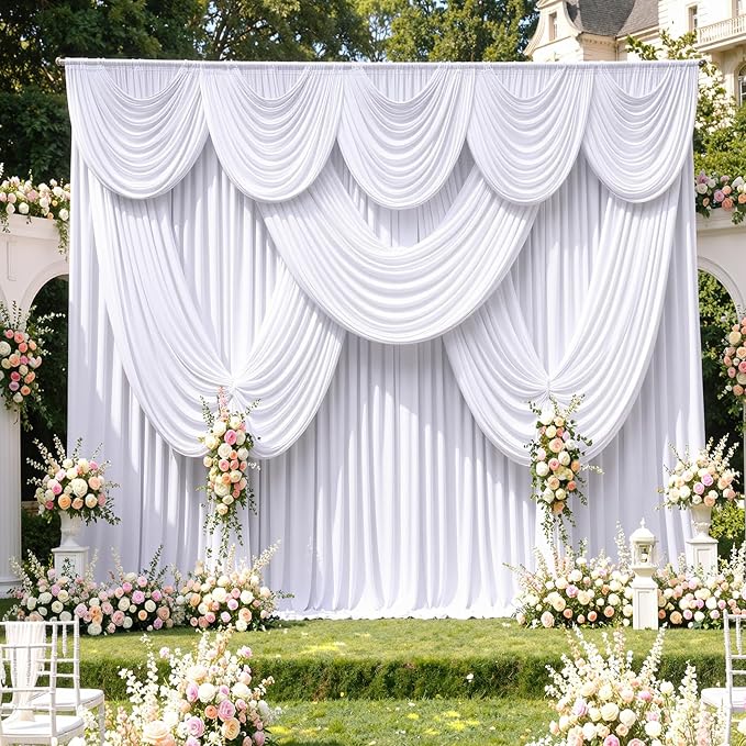 60ftx12ft Wrinkle Free White Backdrop Curtain, 12 Panels 12FT Height White Drapes for Wedding, Silky Polyester Photo Back Drop Cloth Draping for Birthday Party Photography Background