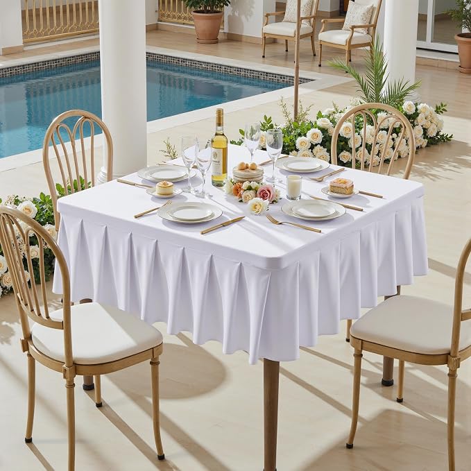 Wish Care 2 Pack White Spandex Tablecloths for 34x34 Inch Square Tables, Stretch Fitted Table Clothes with Pleated Ruffle Skirt for 34” Table, Wrinkle Free and Elastic, for Party Kitchen Home Dining
