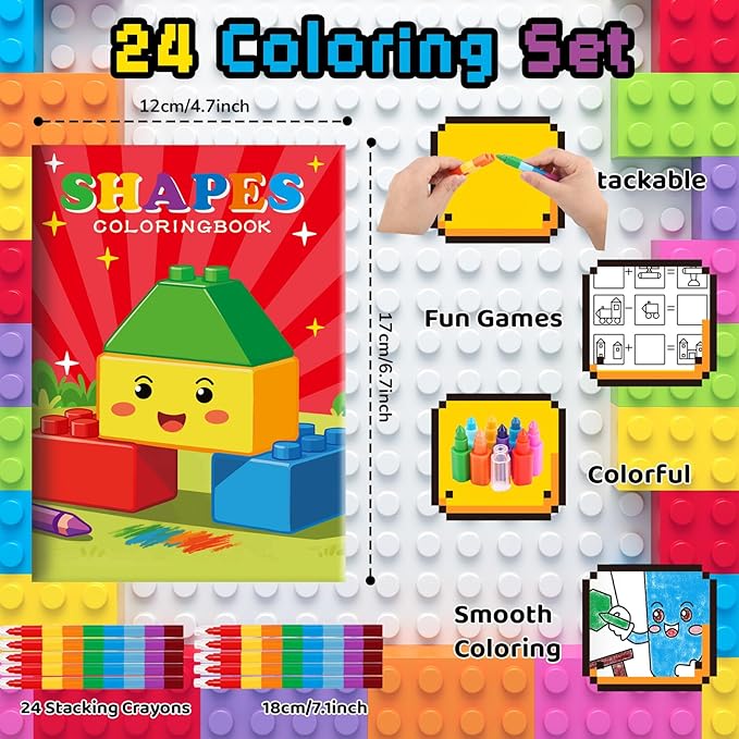 BenLouis 24 Building Block Mini Coloring Books Kids with 24 Stacking Crayons Geometric Shapes Party Favors Activity Books Bulk for Kids Building Goodie Bag Gift Stuffer Classroom Reward