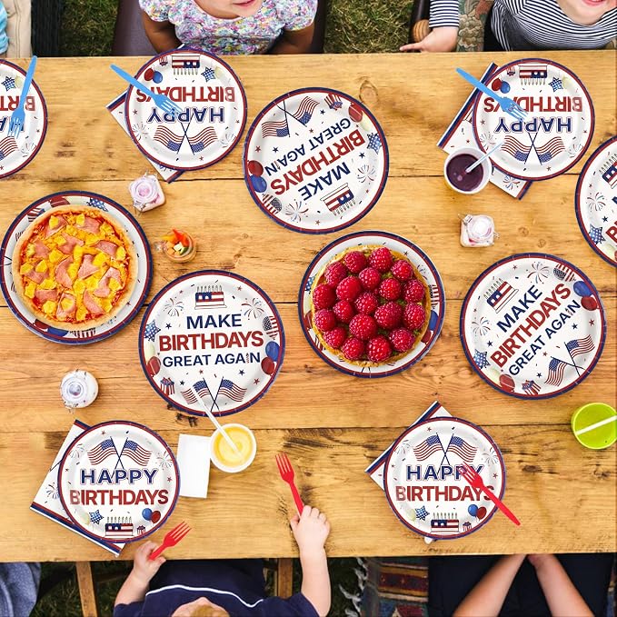 96Pcs Make Birthdays Great Again Party Supplies Funny Blue and Red Plates and Napkins Funny Presidant Tableware Set for USA President Patriotic Birthday Party Supplies，Serves 24
