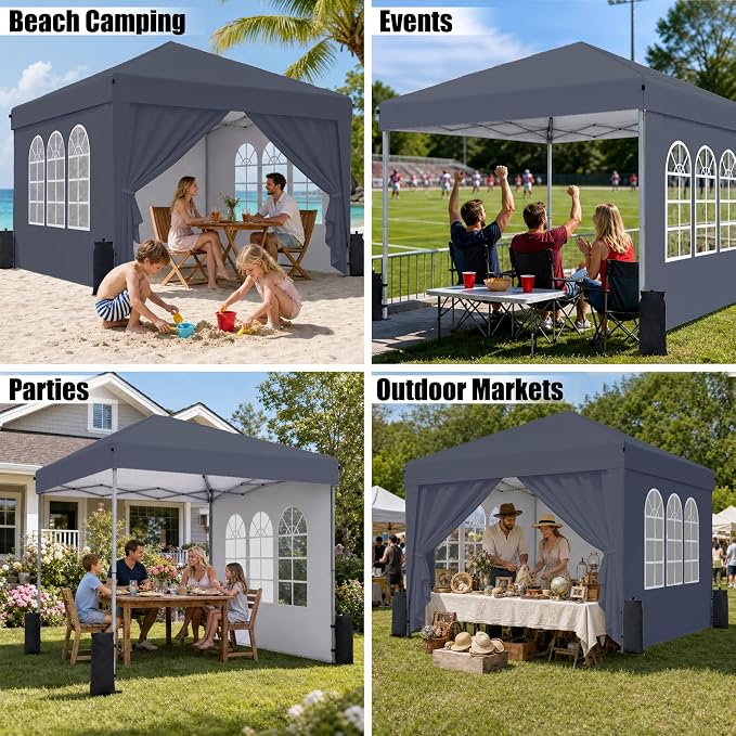 SANWAY 10x10 Pop Up Canopy with Sidewalls, Easy Setup Instant Canopy Tent, Portable with Carry Bag for Outdoor Events, Camping, and Backyard Parties – Dark Gray