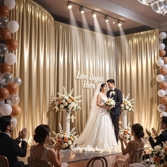 40x10ft Champagne Gold Glitter Backdrop Curtain for Parties, Wrinkle Free Satin Photo Backdrop Drapes 8 Panels Shimmer Back Drop Cloth for Wedding Birthday Baby Shower Photography Background Decor