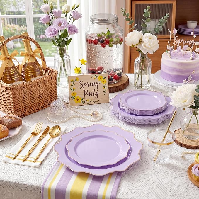 WDF 175Pcs Purple Plates Disposable - Lavender Plastic Plates 25guest Plastic Dinnerware Ideal for Birthday Party/Wedding/Spring/Picnic/First Communion