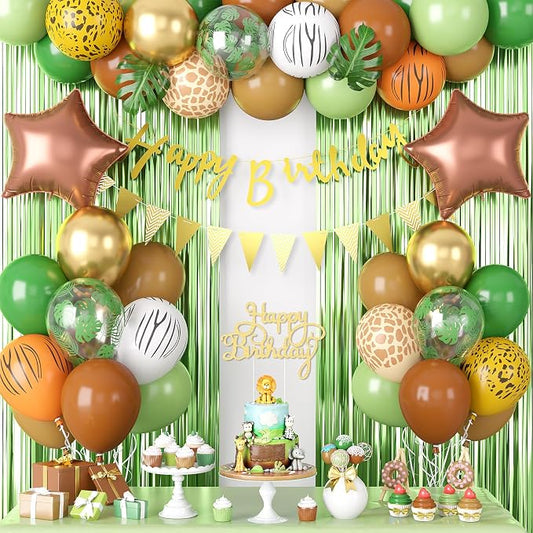 Jungle Safari Birthday Decorations for Boys, Green Brown Animal Print Latex Balloons with Happy Birthday Banner Cake Topper Fringe Curtain Palm Leaves for Kids Woodland Themed Party Decor