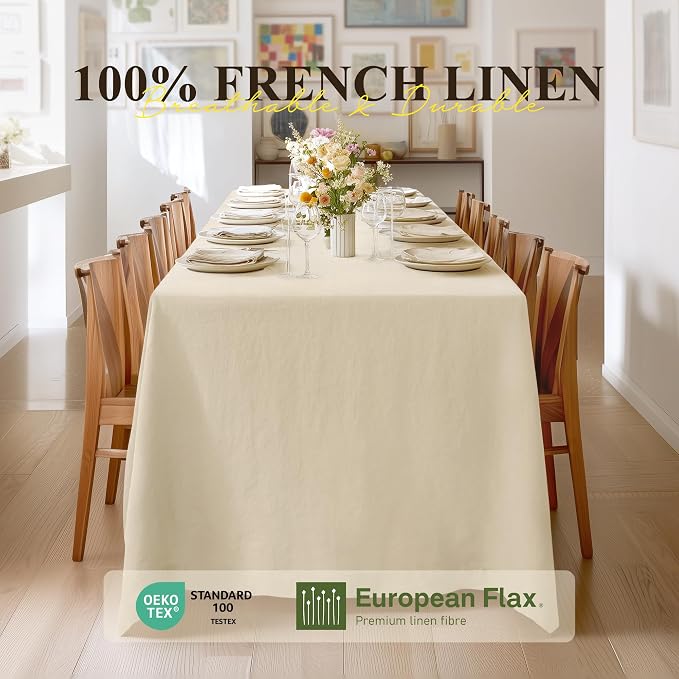 Linen World Linen Tablecloth - 100% French Linen Table Cloth 55" x 55" Inch,Washable Square Tablecloth for Dining,Outdoor,Weddings and Restaurants,Decorative Thanksgiving Christmas,Sand Beige