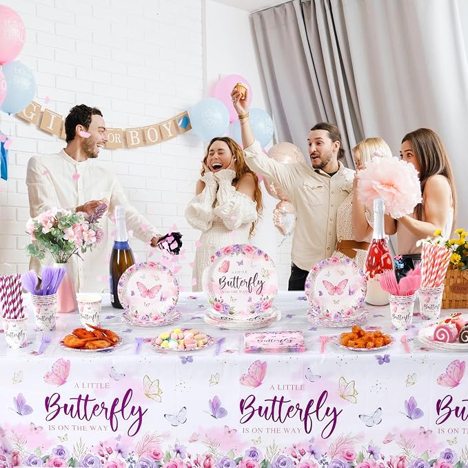 Funnymoom 452 Pcs Butterfly Baby Shower Party Supplies Set a Little Butterfly Is on the Way Party Decorations Include Butterfly Paper Plates Napkins Cups Tablecloth Cutlery Straws for ladies Spring