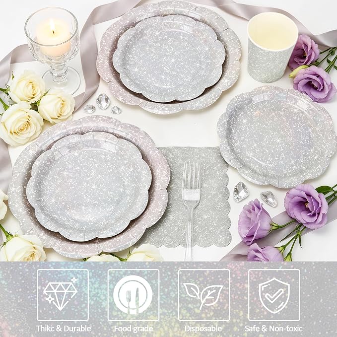 Silver Iridescent Plates and Napkins Set, Disposable Holographic Paper Plates Cups Napkins Forks Tablecloth Party Supplies for Birthday Baby Shower Bridal Shower Party Decorations, Serves 24 Guests