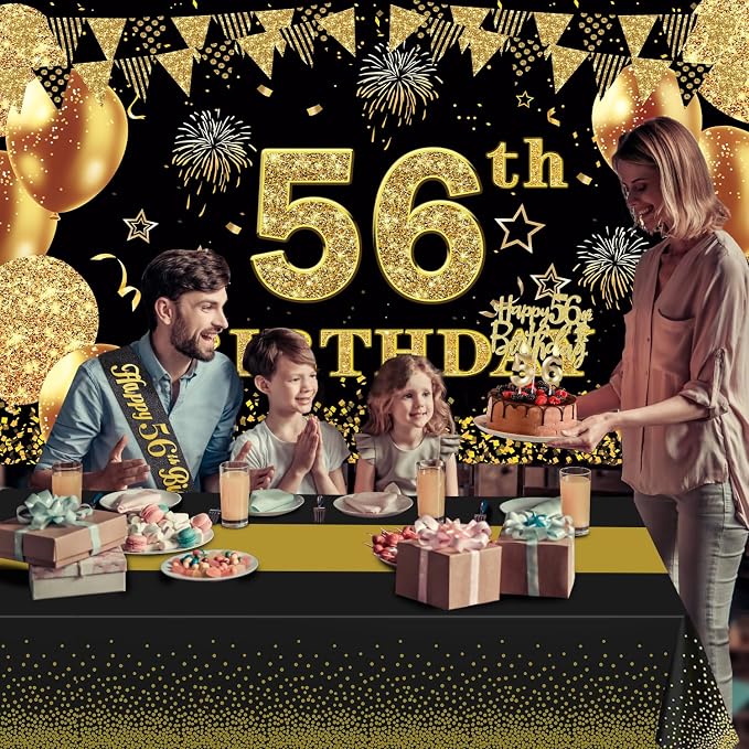 56th Birthday Decorations Men Women with 56th Birthday Banner, Black and Gold Table Cloth, Number Balloons, Large Sash, Cake Topper and Candles
