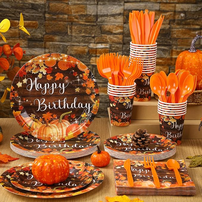 168 Pcs Fall Birthday Decorations Autumn Themed Party Supplies Maple Leaves Pumpkin Tableware Set Disposable Paper Plates Cups Utensils for Birthday Baby Shower Party Serve 24