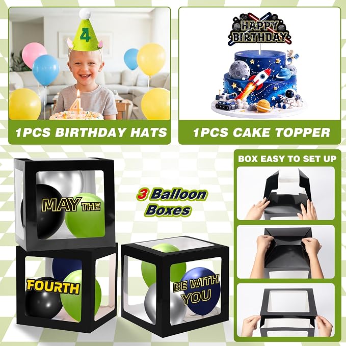 Galaxy Star 4th Birthday Decorations Set - Space Themed Party Favor | With Arch Balloon, “4” Balloon, Backdrop, Tablecloth, Birthday Hat, Cake Topper, Banner, Sash, Poster, Balloon Boxes, Cards