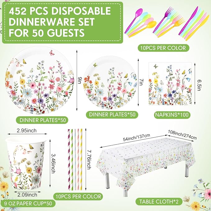 Funnymoom 452 Pcs Wildflower Party Supplies Include Spring Floral Disposable Paper Plates Napkins Cups Tablecloth and Cutlery Straws for Wedding Garden Tea Party Decoration Bridal Shower Baby Shower