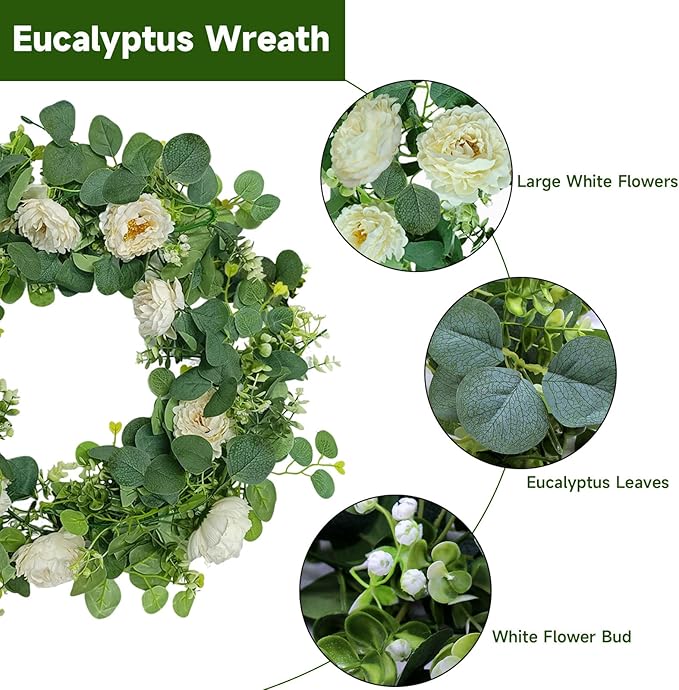 4 Packs 24FT Artificial Eucalyptus Flower Garland with White Camellias, Faux Greenery Garland Wedding Decor Fake Flower Rose Hanging Vine for Home Yard Table Party Decor