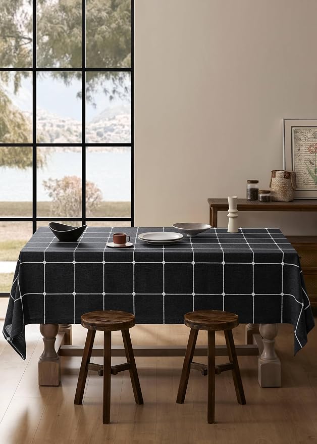 ZeeMart Grid Embroidered Hemmed Tablecloths, Charcoal 54x108 Inch, Farmhouse Style Heavy Weight Cotton Linen Dark Grey Tablecloths, Boho Plaid Water Resistant Rectangle Table Cloth
