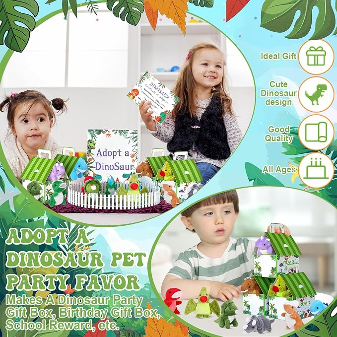 63 Pcs Adopt a Dinosaur Party Favors Include 20 Mini Dinosaur Stuffed Animals 20 Foldable House Gift Boxes 20 Adoption Card 1 Adoption Sign 2 Fence for Adopt A Pet Party Dino Birthday Supplies