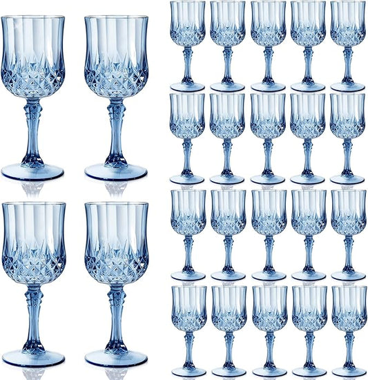 CHLJAR 7oz Plastic Vintage Drinking Glasses Wine Glasses Vintage Champagne Flutes Unbreakable Wedding Glassware Crystal Water Goblets Reusable Drinkware (Sky-Blue, 24 PCS)