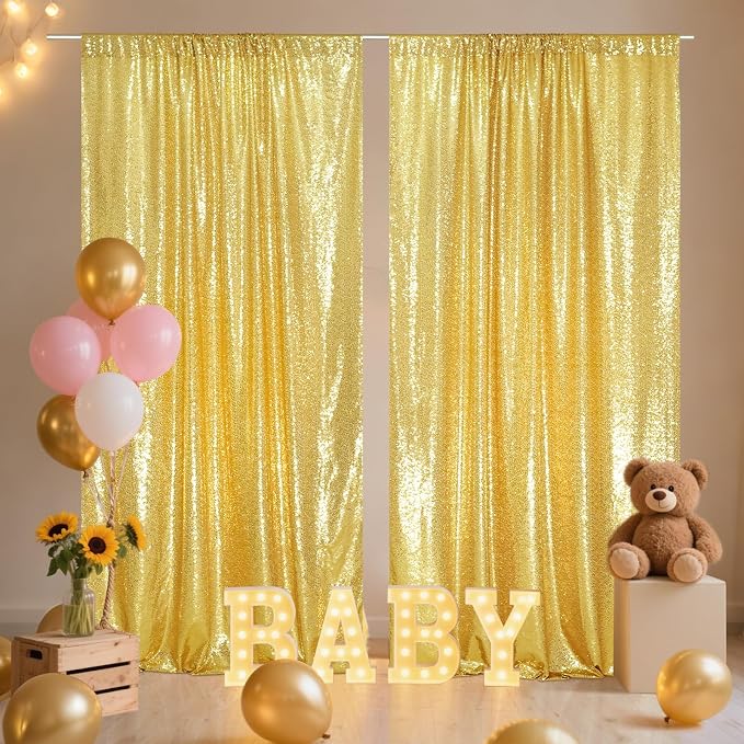 SquarePie 2 PCS 4x10ft Gold Sequin Backdrop for Photography, Extra Long Satin-Backed Real Sequin Curtain, High-Density Shimmering Background with 4" Rod Pocket for Wedding Ceremony, 2 Panels