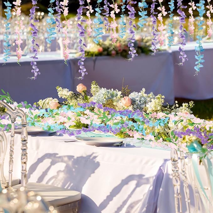 Thiccywoov 4pcs Wisteria Artificial Flowers Garland, 7.2Ft/Piece Wisteria Hanging Flowers Garland for Wedding Arch Decoration Outdoor Ceremony Home Backdrop Garden (Pink,Purple,Blue)