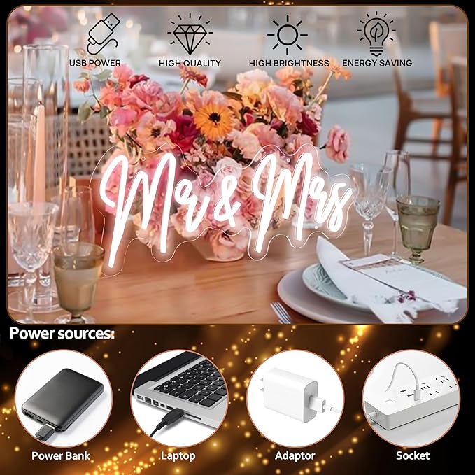 20in Mr and Mrs Wedding Neon Signs-Adjustable USB Mr and Mrs Light Up Sign Neon Wedding Decor Signs Backdrop Decorations for Reception Anniversary Engagement Gifts