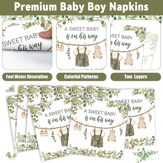 96Pcs Greenery Baby Shower Plates and Napkins Decoration Sage Green Baby Boy Party Tableware Dinnerware Set A Sweet Boy Is On His Way Paper Plates for Gender Reveal Party Supplies Serves 24 Guests