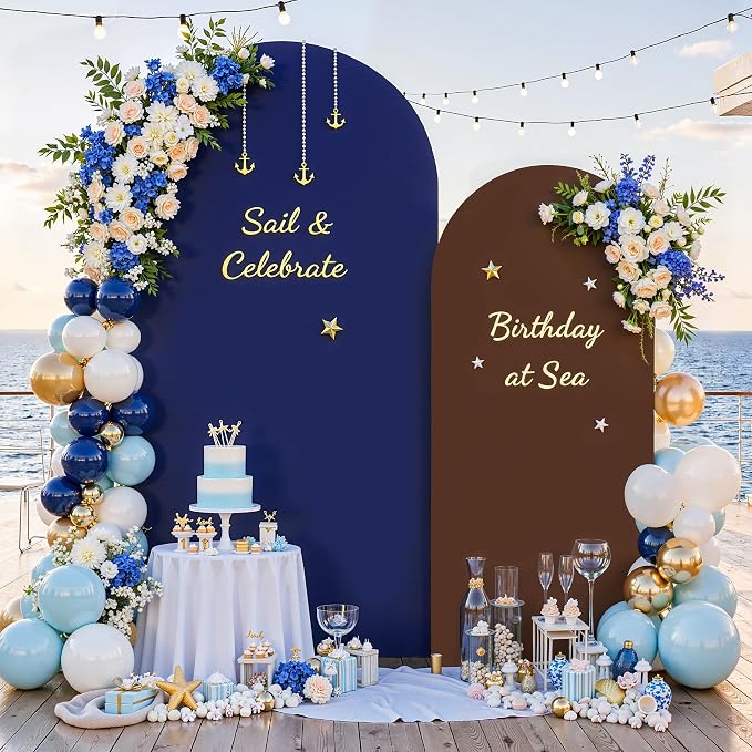 7.2FT 6FT Arch Backdrop Cover for Party, Set of 2 Stretchy Spandex Fitted Arch Stand Cover for Baby Shower, Birthday Wedding Decor, Chiara Backdrop Cover with Double-Sided Design(Blue, Brown)