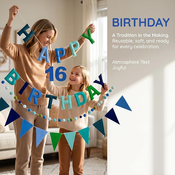 Pre-Strung Felt Happy Birthday Banner Decorations for Women Men | 3D Blue Birthday Party Decorations Sign with Replaceable Numbers 0-9,Multicolor Felt Ball & Triangle Flags Garland (Blue)