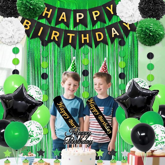 Green and Black Birthday Decorations, 50PCS Happy Birthday Decorations for Men with Banner Balloons Sash Foil Fringe Curtain Paper Pompoms, Green Party Decoration Party Supplies for Mens Boys Kids