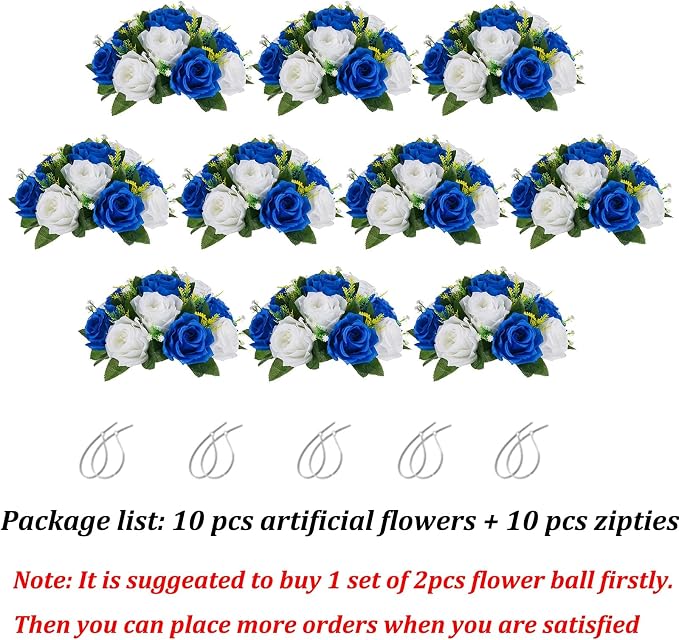 Flower Balls Wedding Rose Centerpieces: 10 Pcs Fake Flowers Royal Blue&White Kissing Balls Decor Artificial Floral Arrangements Flower Bouquet of Roses Home Party Table DIY Decorations