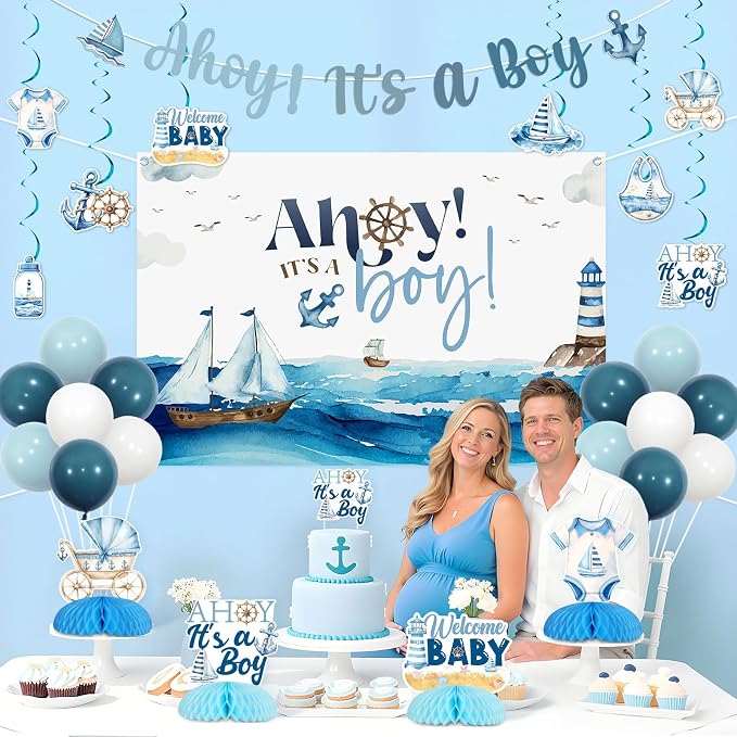 Nautical Baby Shower Decorations Nautical Ahoy It's A Boy Backdrop Banner Ahoy It's A Boy Baby Shower Centerpiece Hanging Swirl Ocean Sailing Sailor Ocean Sailboat Lighthouse Balloon Decor