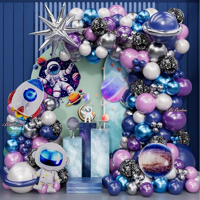 168PCS Space Themed Party Decorations Outer Galaxy Balloon Arch Kit with Blue Purple Silver Planets Stars for Galaxy Solar System Birthday Space Theme Christmas Party Decorations