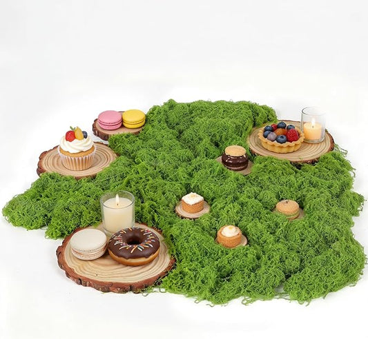 8 Pack Wood Table Centerpieces with Rustic Wood Slices and Artificial Fake Green Moss, Enchanted Forest Decorations for Garden Spring Tea Party Holiday Wedding Dinner Birthday