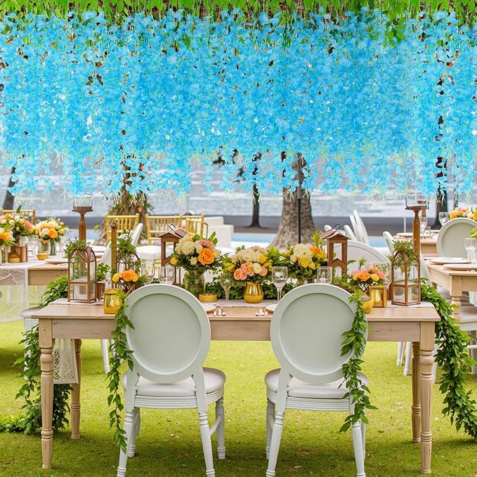 12Pcs Artificial Wisteria Hanging Flowers, 3.6Ft/Pcs Blue Fake Wisteria Garland for Wedding Party Home Garden Indoor Outdoor Decoration