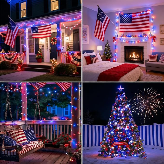 LAMPHOME Red White and Blue Patriotic String Lights, 66ft 200LED 4th of July Lights Plug in, 16 Modes with Timer Outdoor String Lights for Independence Day Memorial Day Patriotic Tree Holiday Decor