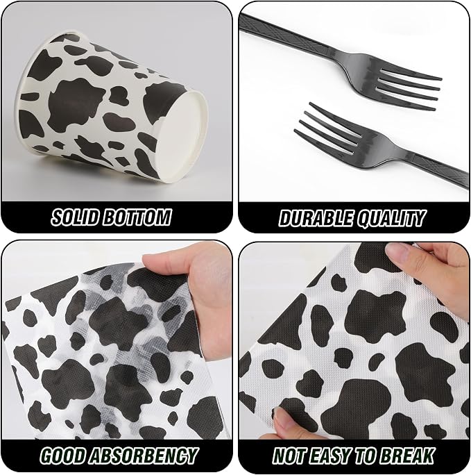 400 Pcs Disposable Black Cow Print Tableware Set for 50 Guests | Heavy-Duty 7" & 9" Paper Plates, Cups, 13" Napkins & Plastic Cutlery for Cow Birthday, Farm and Western Party Supplies