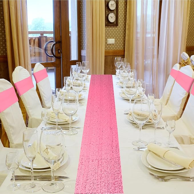 Newwiee 54 Pcs Pink Sequin Chair Sashes and Table Runners, 48 Sequin Chair Bows, 6 Glitter Table Runners for Birthday Party Wedding Banquet Holiday Decorations