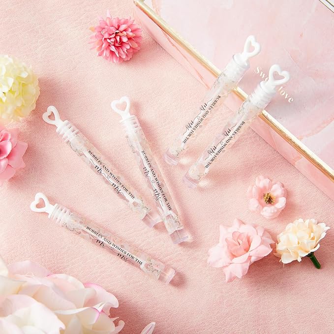 Hollowfly 120 Pack Pink Flower Wedding Mini Bubble Wands for a Wedding Bulk White Heart Bubble for Guests Send Off Wand Adults Bridal Exit Shower Party Supplies Valentine Anniversaries Celebration