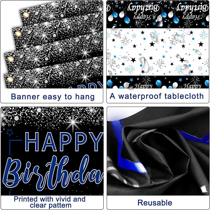 Black and Blue Birthday Party Decorations for Boys Men Women Girls | Balloon Supplies with Happy Birthday Backdrop Banner Tablecloth Confetti Balloons Arch