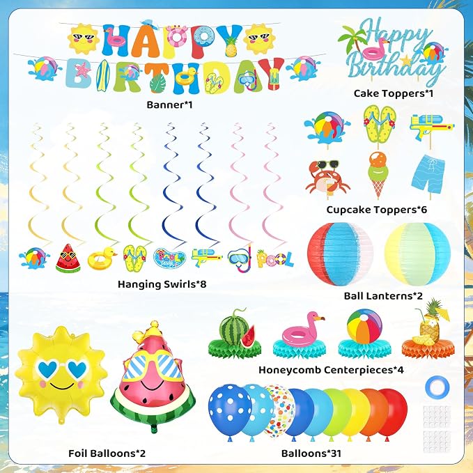 Summer Pool Beach Birthday Party Decorations, Splash Summer Backdrop Banner Hanging Swirls Honeycomb Centerpieces Cake Toppers Foil Balloons for Tropical Swimming Luau Water Hawaiian Party Decor(Blue)
