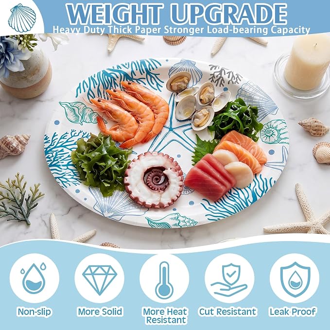 Pajean 350 Pcs Ocean Seashell Party Decorations 12 in Summer Disposable Oval Plates and Napkins Blue Coral Heavy Duty Tableware Set for 50 Guests Last Toast on The Coast Birthday Party Supplies
