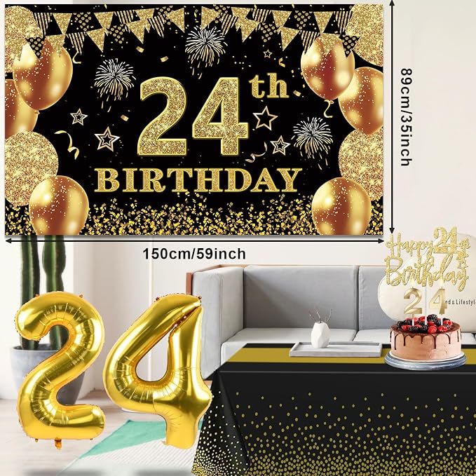 24th Birthday Decorations Men Women with 24th Birthday Banner, Black and Gold Table Cloth, Number Balloons, Large Sash, Cake Topper and Candles