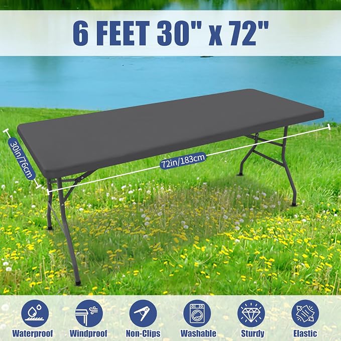Moosfor Spandex 6 Foot Rectangle Table Cloth 6 Pack, Elastic Fitted Tablecloths for Picnic, Stretch Washable Patio Table Cover for Outdoor, Camping, Banquet and Parties (Dark Grey, 30"x72")