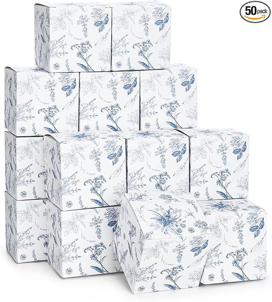 TecUnite 50 Pcs 3x3x3'' Blue Floral Paper Gift Candy Boxes Chinoiserie Flower Paper Gift Box Small Blue White Hydrangea Party Packaging Bag for Wedding Birthday Cardstock Shower Party Supply Decor