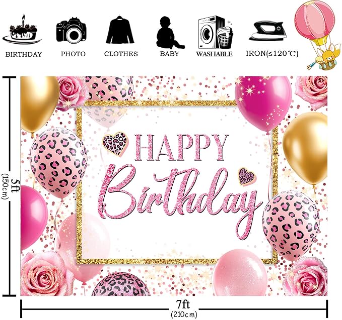Happy Birthday Backdrop 7Wx5H Feet Polyester Fabric Pink Leopard Balloon Heart Elegant Flower Rose Plant Botanical Decoration Gold Glitter Girly Photography Background Photo Shoot Props