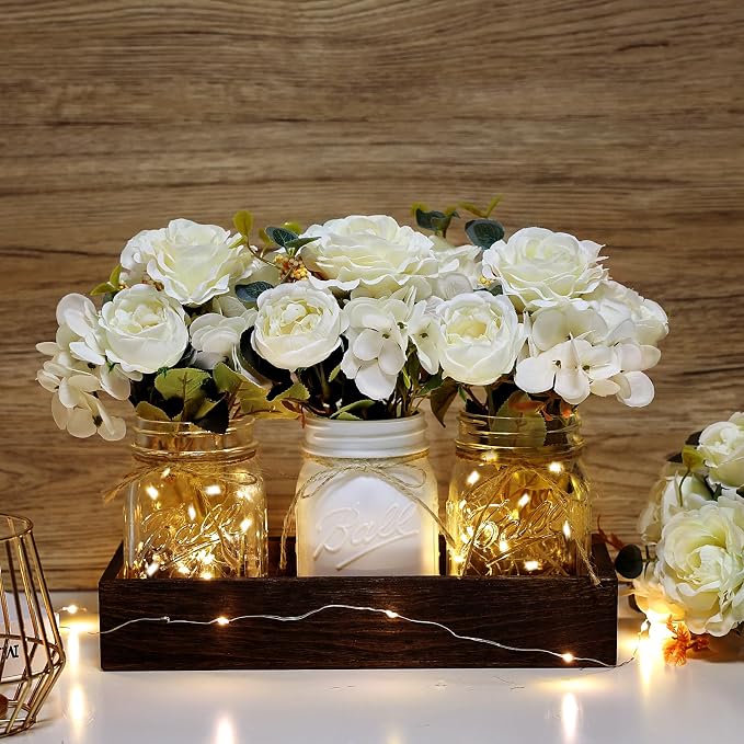White Mason Jar Centerpiece for Table Kitchen Table Decor with Light | 3 Piece Farmhouse Coffee Table Decor with Fake Flowers Wood Tray for Living Dining Room Bathroom Wedding Outdoor Decoration