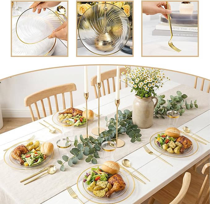 N9R 180 PCS Disposable Dinnerware Set with Gold Rim Clear Plastic Plates for 30 Guests, Include 30 Dinner Plates, 30 Dessert Plates, 30 Cups, 90 Heavy Duty Gold Plastic Silverware for Party & Wedding