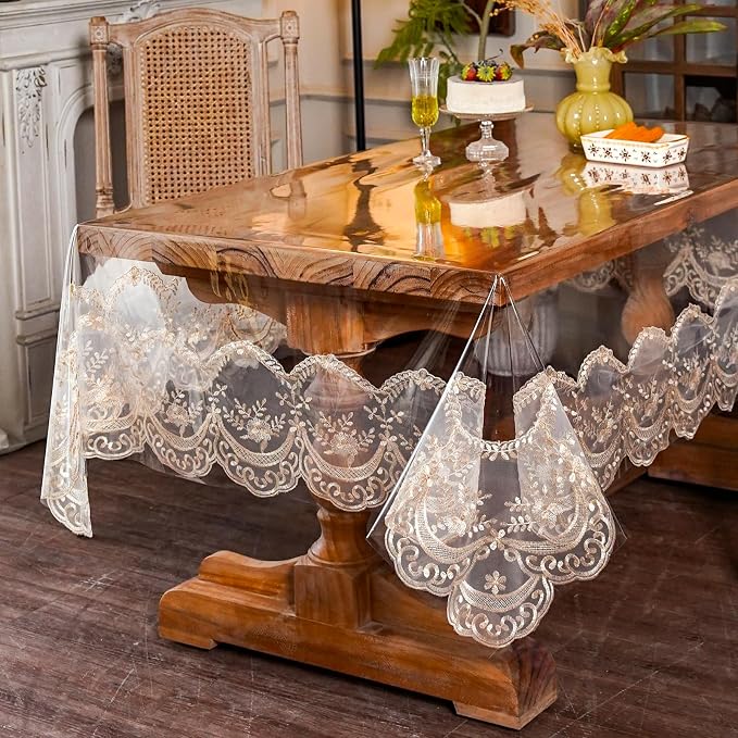 ARTABLE Vinyl PVC Rectangle Tablecloth Waterproof Clear Table Cover with Champagne Lace Macrame Border for Wedding Kitchen Home Outdoor Indoor Holidays Party Decor (Champagne-1, 52 x 70 Inch)