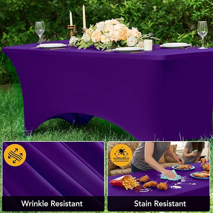6-Pack Premium Purple Spandex Tablecloths for 4ft Rectangle Tables, Stain & Wrinkle-Resistant, Washable Stretch Polyester Fitted Table Cover for Weddings, Banquets, Trade Shows Events