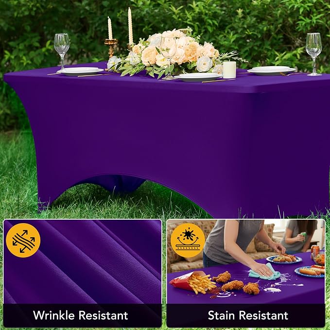 8-Pack Premium Purple Spandex Tablecloths for 6ft Rectangle Tables, Stain & Wrinkle-Resistant, Washable Stretch Polyester Fitted Table Cover for Weddings, Banquets, Trade Shows Events